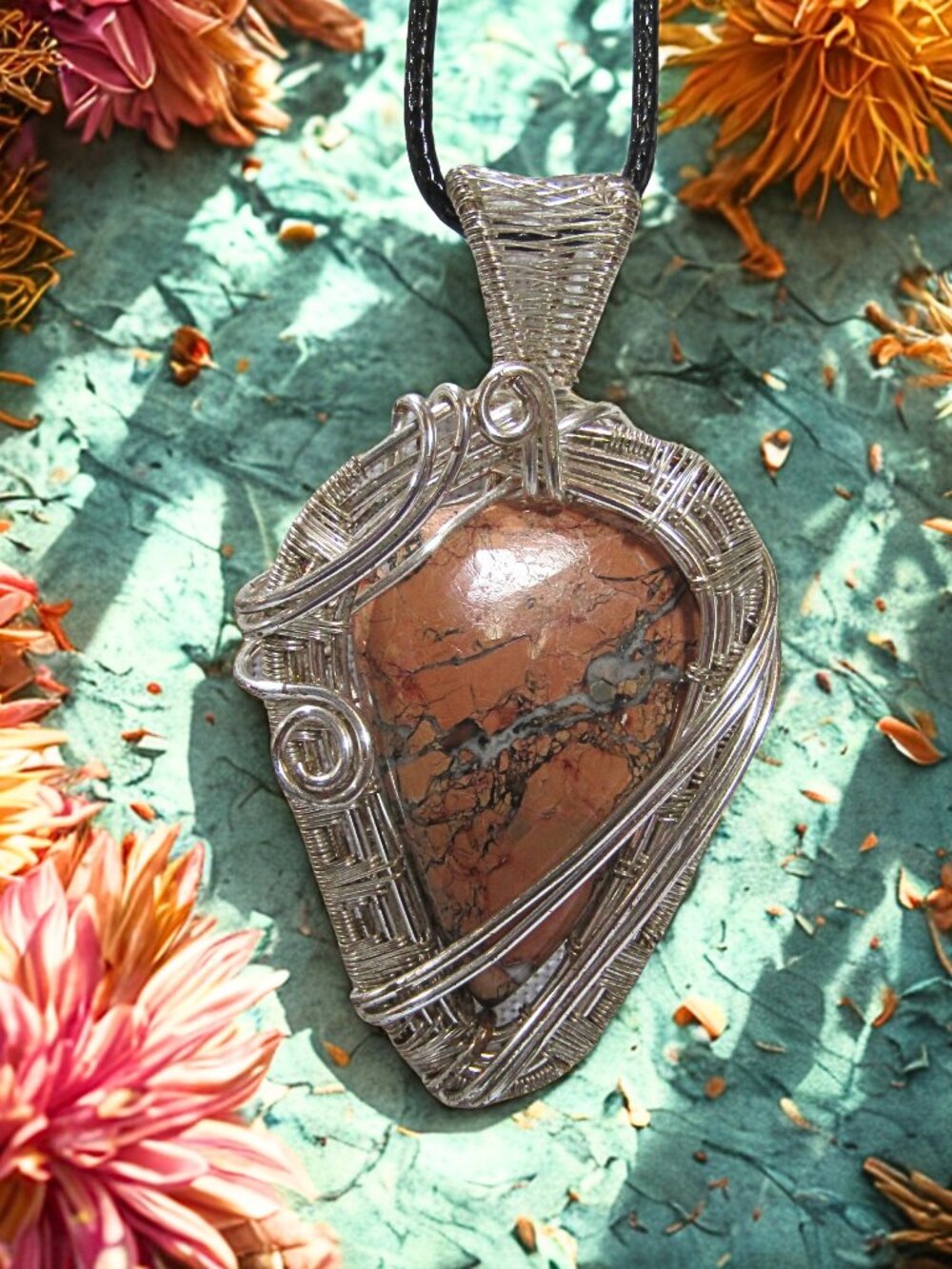 Handmade Wire Wrapped Maligano Jasper, Silver coated wire wrapped necklace